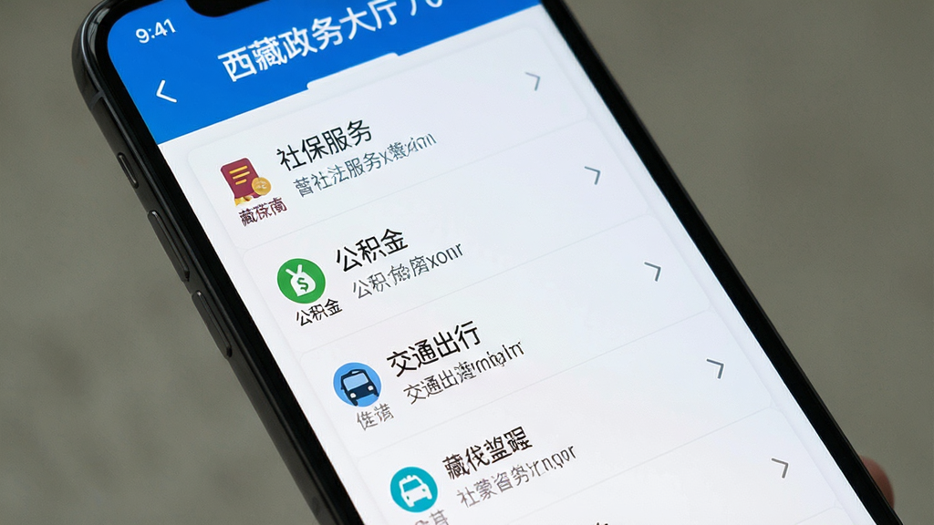主体:手机屏幕展示西藏政务APP的办事大厅列表,列表项包含“社保服务”、“公积金”、“交通出行”等,布局为垂直列表,排版整齐,风格清爽简洁,细节处有藏汉双语标识,画质清晰干净,无多余元素