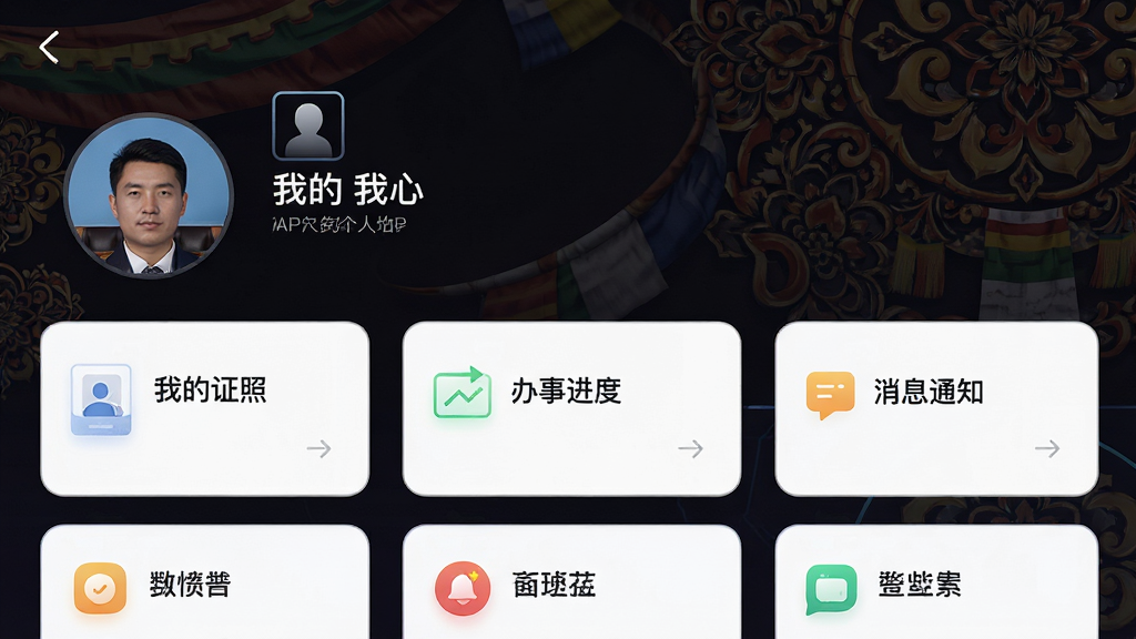 主体:西藏政务APP“我的”个人中心界面,顶部显示用户头像与姓名,下方排列“我的证照”、“办事进度”、“消息通知”等卡片,布局为网格化,排版清晰,风格现代科技感,细节处有藏式花纹背景,画质高清干净,无多余元素