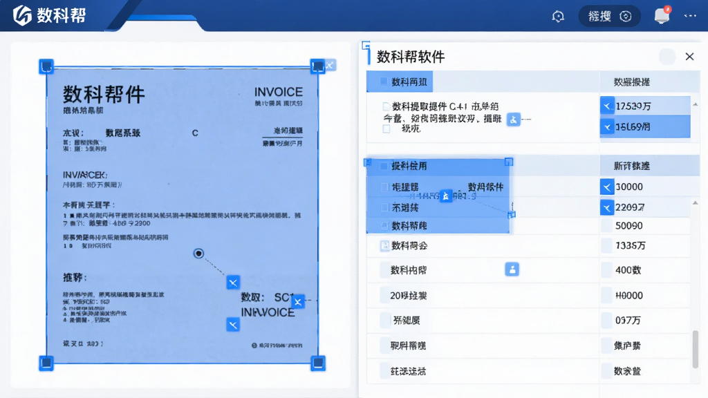 数科帮软件的数据提取功能界面截图,界面展示一张发票图片被识别后,右侧同步显示提取出的文字和数字信息,并以表格形式呈现,界面采用蓝色高亮标注识别区域,整体风格科技感十足,突出“数科帮”品牌,画质清晰,无多余元素