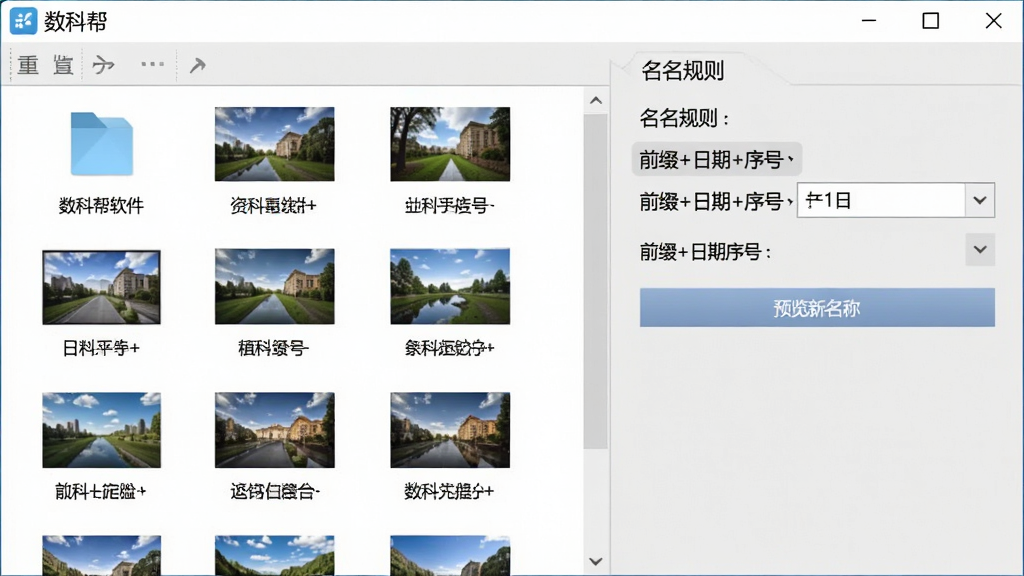 数科帮软件的批量重命名功能操作演示截图,界面左侧为文件列表,展示多张图片文件,右侧为命名规则设置面板,显示“前缀+日期+序号”的规则示例,下方有“预览新名称”按钮,界面风格简洁专业,以浅灰色背景衬托,突出“数科帮”软件名称,画质清晰,细节丰富,无多余元素