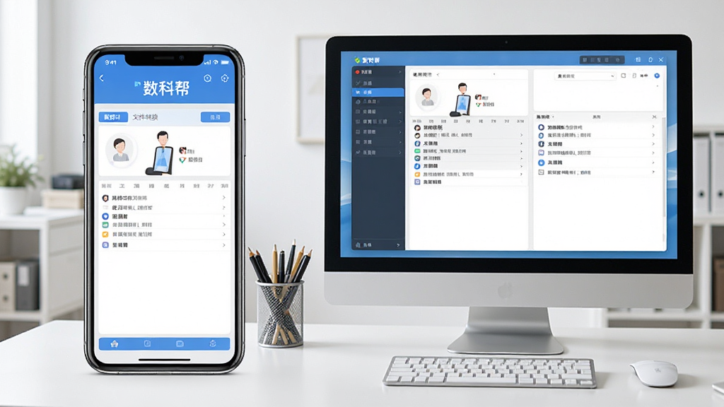 一张展示数科帮软件在手机和电脑上同步使用的场景图,左侧为手机屏幕显示数科帮的文件转换界面,右侧为电脑屏幕显示批量重命名操作,背景为整洁的办公桌,画面清晰,突出“数科帮”软件名称,风格写实,无多余元素
