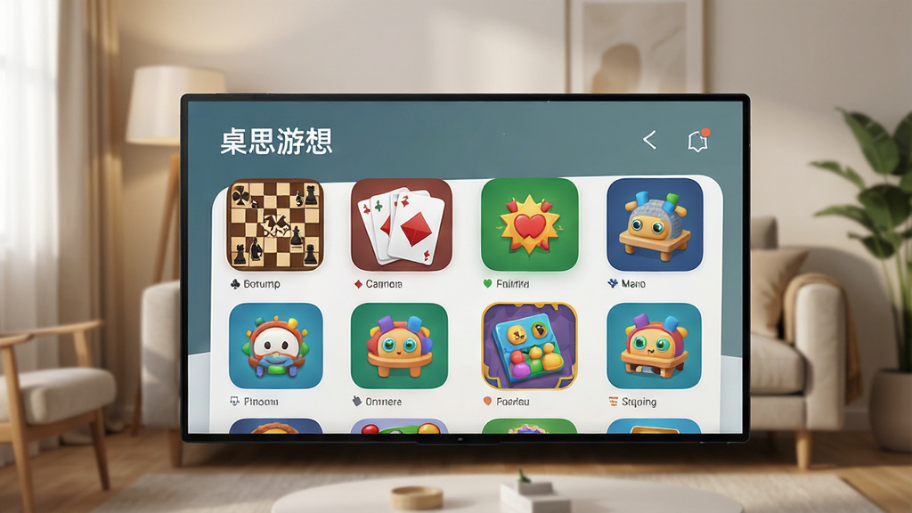 一张现代简约风格的电子设备屏幕特写,屏幕上清晰显示着“桌思游想”应用的主界面,界面布局清晰,展示着各种色彩鲜明的桌游图标,如棋类、卡牌、休闲小游戏等,背景是舒适的客厅环境,光线柔和,整体画面干净,突出软件界面,画质高清,无多余元素