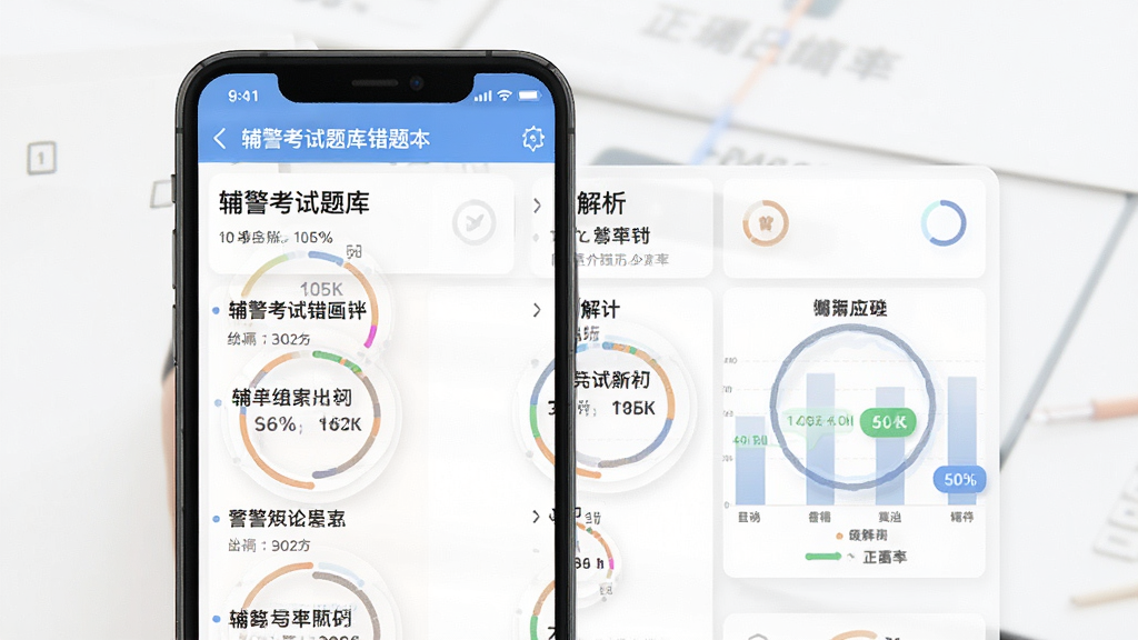 辅警考试题库错题本界面,主体为手机屏幕展示错题列表,布局分栏显示题目和解析,排版简洁,风格清新,细节有正确率统计图表,画质高,干净无多余元素