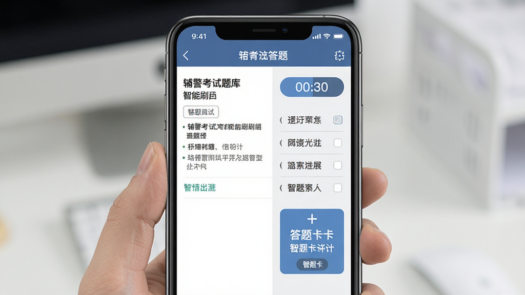 辅警考试题库智能刷题界面,主体为手机界面展示答题页面,布局左侧题目右侧选项,排版清爽,风格扁平化,细节有倒计时和答题卡,画质清晰,干净无多余元素