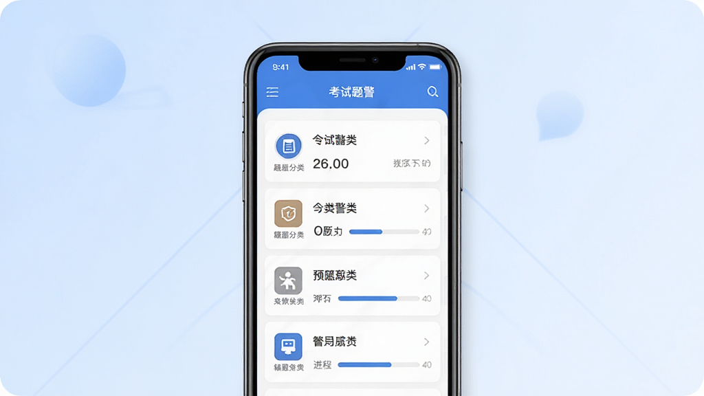 辅警考试题库软件预览图,主体为手机屏幕展示题库列表,背景为淡蓝色渐变,布局居中,排版清晰,风格简约现代,细节包含题目分类图标和进度条,画质高清,干净无多余元素