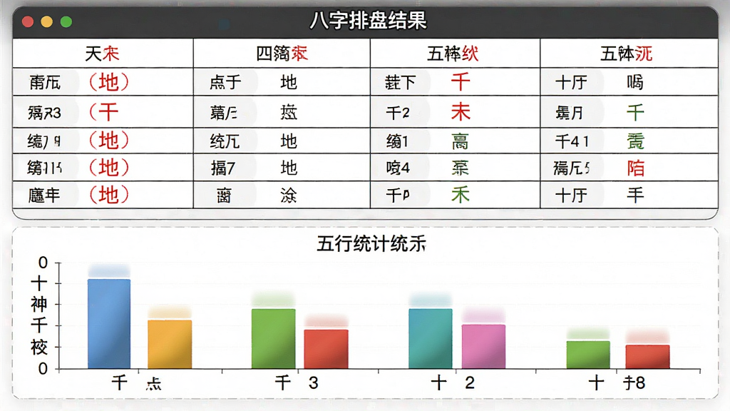 主体:八字排盘结果页面,展示四柱干支、五行统计、十神关系,布局:页面分为上下两栏,上栏为四柱表格,下栏为五行统计条形图,排版:表格线条清晰,条理分明,风格:简洁商务风,细节:表格中天干地支用红色标注,五行条用彩色区分,画质:高清,干净,无多余元素