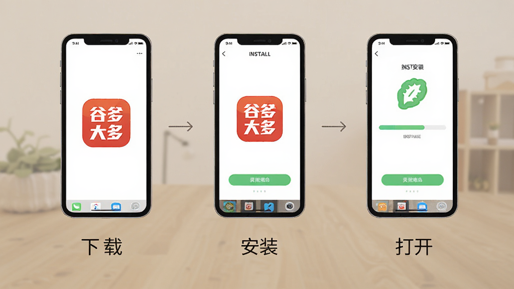主体:手机安装谷多多APK的步骤图,展示下载、安装、打开三个步骤,布局:三步流程从左到右排列,每个步骤下方有文字说明,排版:简洁图标式,风格:清新扁平化,细节:手机图标上显示“谷多多”logo,安装页面有进度条,画质:高清,干净,无多余元素