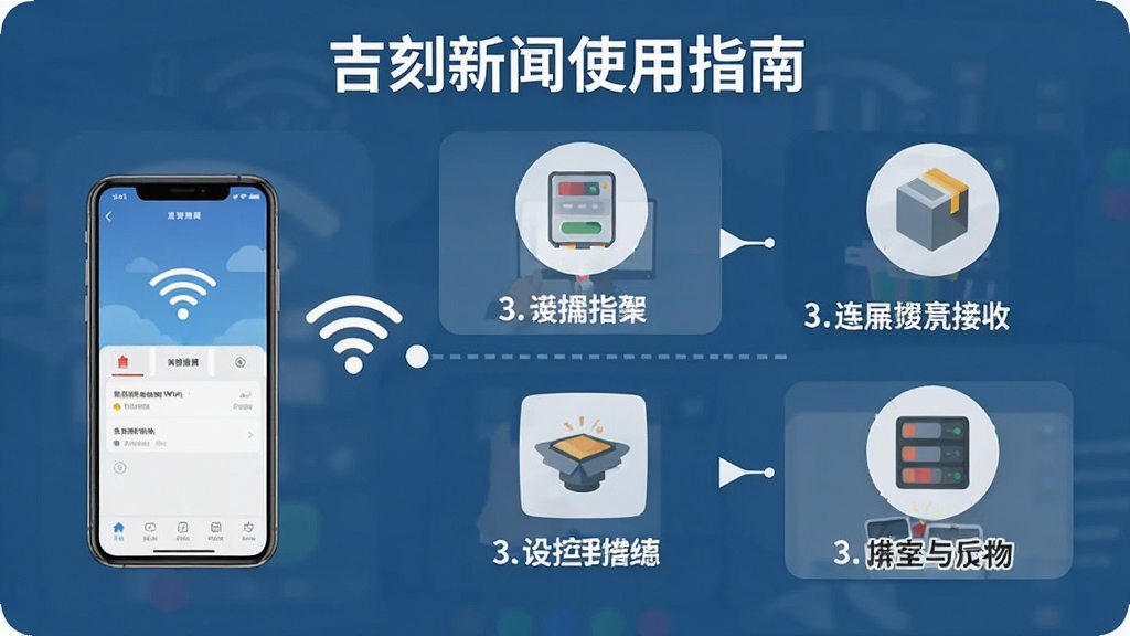 吉刻新闻使用指南插图,展示手机连接WiFi和设置界面,背景为操作步骤图示,布局分步展示,风格简洁教学风,细节包括图标和文字标注,画质清晰,干净无多余元素