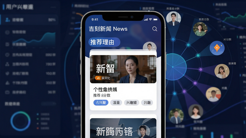 吉刻新闻智能推荐界面,手机屏幕展示个性化新闻卡片,推荐理由标签,背景为用户兴趣图谱,布局错落有致,风格大数据可视化,细节包括推荐分数和兴趣标签,画质清晰,干净无多余元素