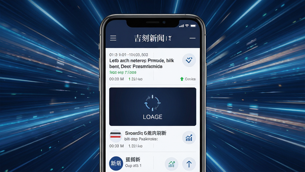 吉刻新闻极速刷新效果图,手机屏幕显示新闻瀑布流,有加载动画和刷新指示,背景为速度线条,布局动态感,风格科技动感,细节包括时间戳和更新提示,画质高清,干净无多余元素