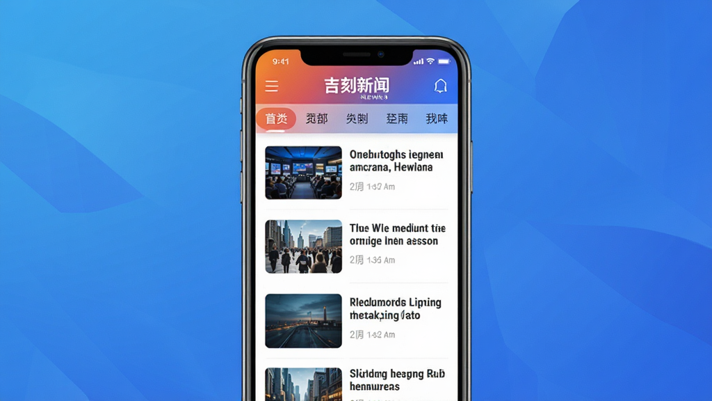 吉刻新闻APP主界面展示,手机屏幕显示新闻列表,顶部有分类导航栏,色彩鲜明,界面简洁现代,主体为手机设备居中,背景为渐变蓝色,布局清晰,排版规整,风格科技感,细节包括新闻缩略图和标题文字,画质高清,干净无多余元素