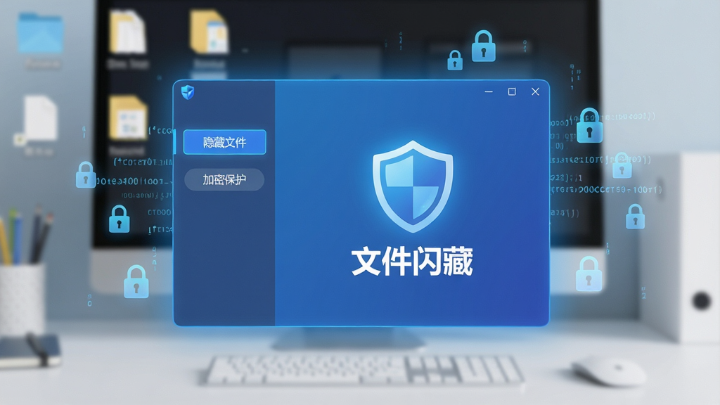 主体:一款名为“文件闪藏”的电脑安全软件界面悬浮在整洁的桌面上,界面显示一个盾牌图标和“文件闪藏”字样。布局:主视觉为中心构图,软件界面作为核心元素,背景为模糊的电脑桌面与文件图标。排版:软件界面设计现代,左侧功能栏清晰可见“隐藏文件”、“加密保护”等按钮。风格:科技感、简洁明亮、扁平化设计风格。细节:界面发出淡淡的蓝色科技光芒,周围有数字代码与锁形图案漂浮。画质:4K超清,干净,无多余元素。