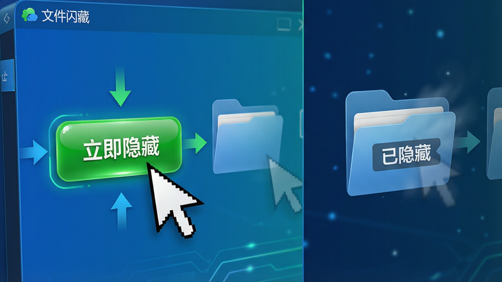 主体:鼠标指针点击“文件闪藏”软件界面上的“立即隐藏”绿色按钮,旁边一个文件夹图标逐渐变为半透明直至消失。布局:左右布局,左侧为放大的软件操作界面局部,右侧为动态变化演示。排版:操作按钮位置醒目,流程指示箭头清晰。风格:动态演示风格,科技蓝与绿色点缀。细节:按钮带有光泽质感,消失的文件夹带有“已隐藏”字样标签。画质:高清渲染,干净,无多余元素。