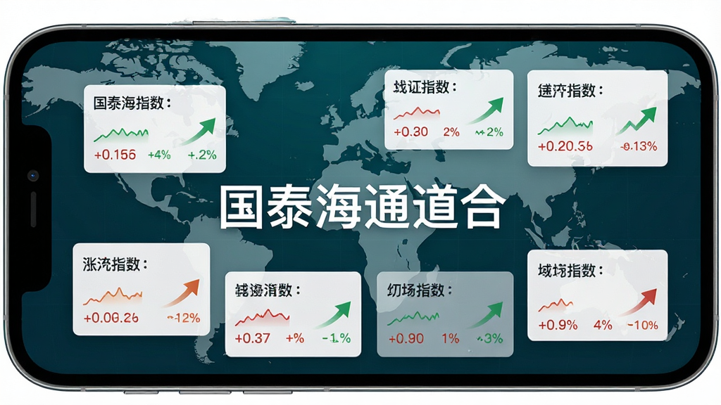 主体为手机横屏展示国泰海通道合的全球行情页面,世界地图作为背景,多个市场指数以卡片式排布,布局错落有致,排版清晰,风格商务科技感,细节包括涨跌幅颜色标注和趋势箭头,画质干净,无多余元素,图片中带有文字“国泰海通道合”