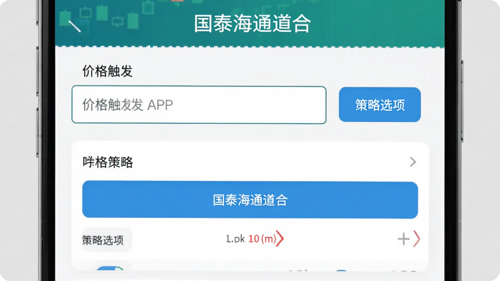 主体为国泰海通道合APP的条件交易设置界面,屏幕上显示价格触发输入框和策略选项,背景为浅灰色模拟交易环境,布局居中,排版整齐,风格简洁明快,细节包括蓝色按钮和红色止损标记,画质高清,无多余元素,图片中带有文字“国泰海通道合”