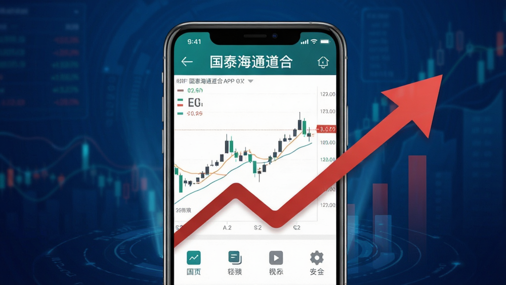 主体为国泰海通道合APP的界面展示图,手机屏幕内呈现股票K线图与红色上涨行情数据,背景为深蓝色渐变的科技感氛围,布局居中,排版简洁,风格写实且现代,细节包括清晰的行情数字与功能图标,画质高清干净,无多余元素,图片中带有文字“国泰海通道合”