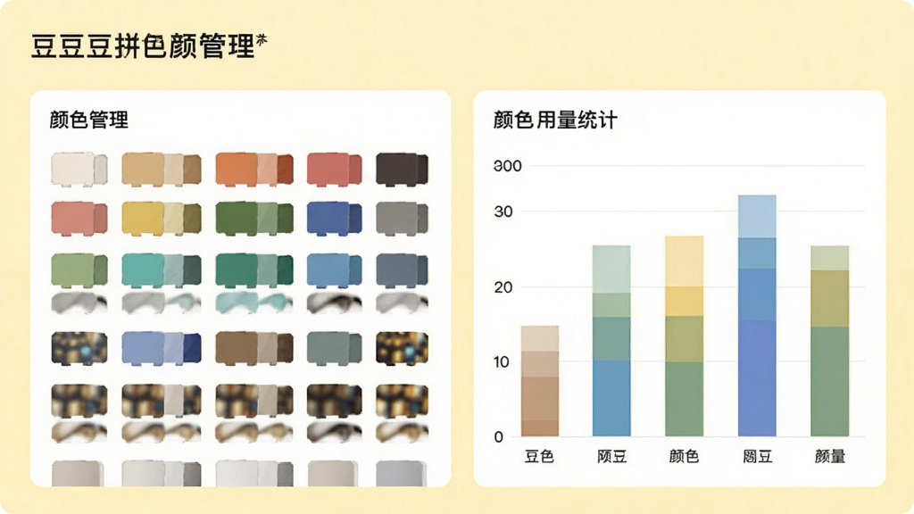 拼个豆豆颜色管理界面,展示色卡列表和颜色用量统计图,背景为淡黄色,图表清晰,排版整齐,风格简约,画质清晰,干净无多余元素