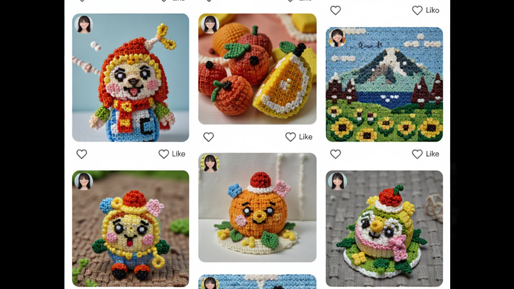 拼个豆豆社区页面展示,瀑布流布局呈现各种拼豆作品图片,有卡通角色、水果、风景等,用户头像和点赞数显示在角落,风格活泼,画质清晰,干净无多余元素