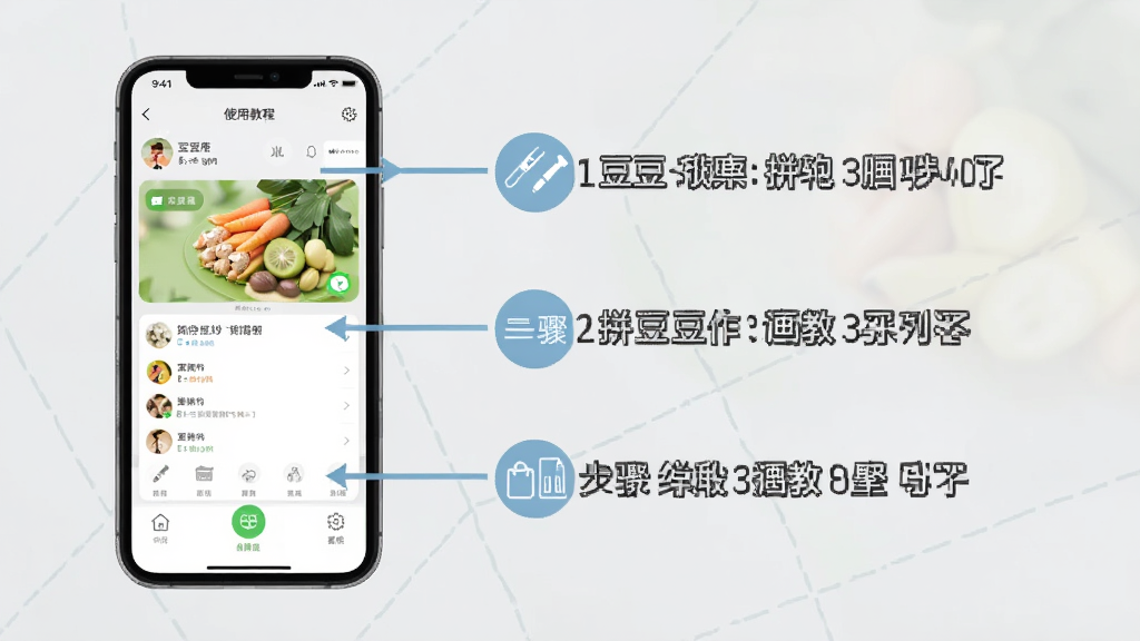 拼个豆豆使用教程示意图,手机操作界面旁边标注步骤说明,背景为浅灰色,布局清晰,风格教学化,画质干净,无多余元素