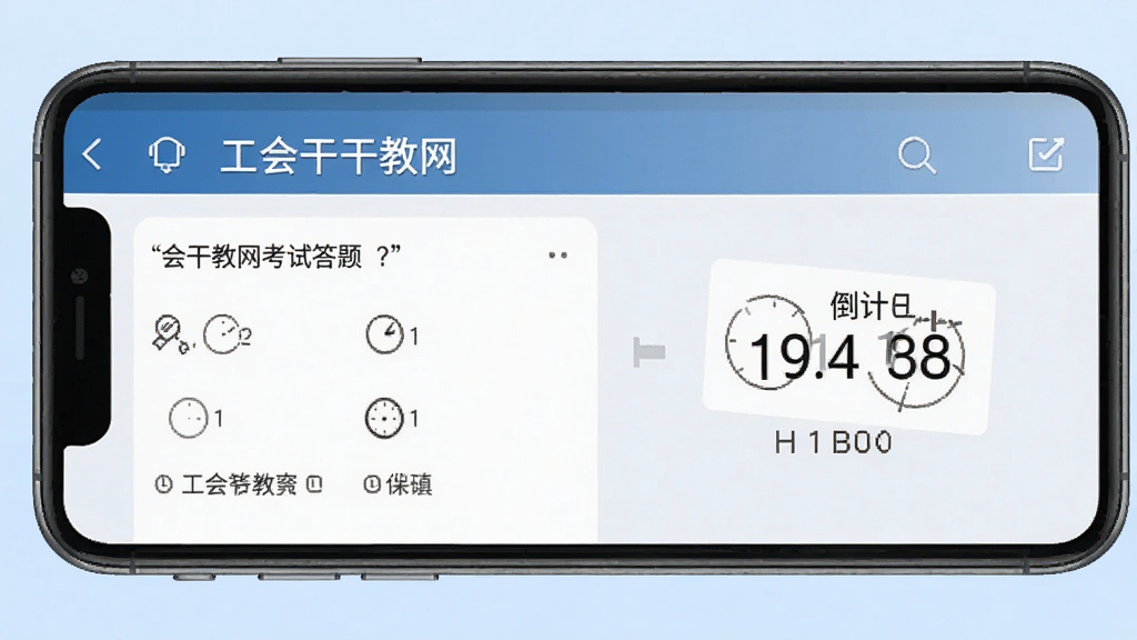 工会干教网考试答题界面示意图,手机屏幕显示选择题和倒计时,背景为淡蓝色,布局简洁,排版清晰,风格正式,细节完整,画质干净
