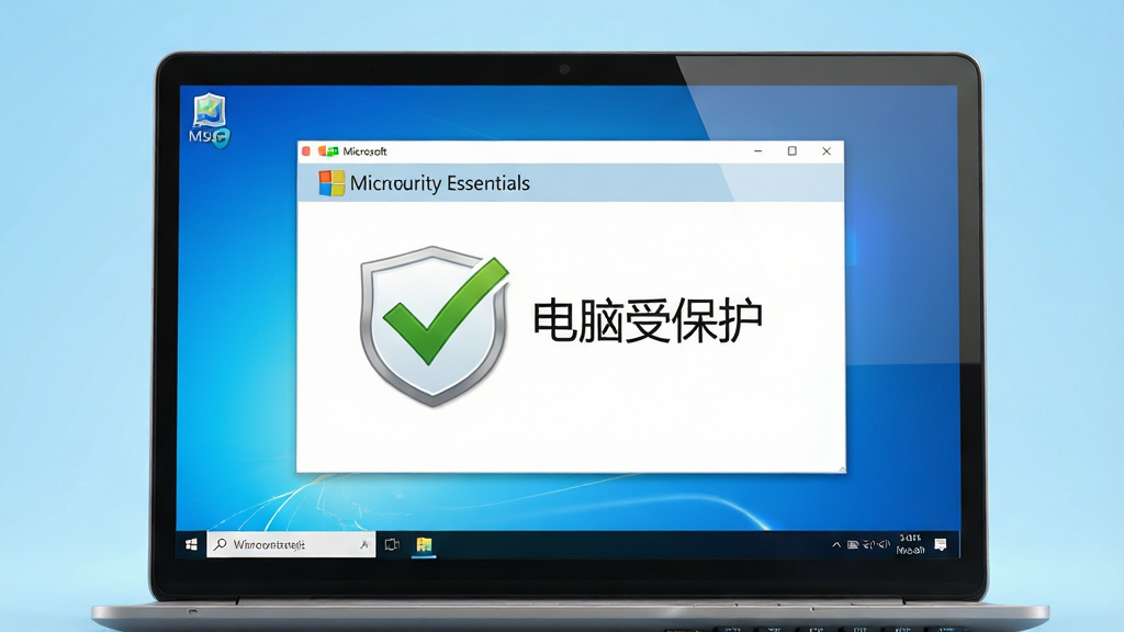 主体:一台运行Windows系统的笔记本电脑,屏幕显示Microsoft Security Essentials主界面,绿色对勾图标清晰可见,旁边有“电脑受保护”字样。布局:电脑居中,背景为干净的浅蓝色渐变,界面简洁明快。排版:主界面占据画面中心,图标和文字对齐整齐。风格:现代科技感,高清3D渲染,色彩鲜艳。细节:Windows任务栏在底部,显示MSE图标,屏幕反射轻微光泽。画质:8K超清,干净,无多余元素。
