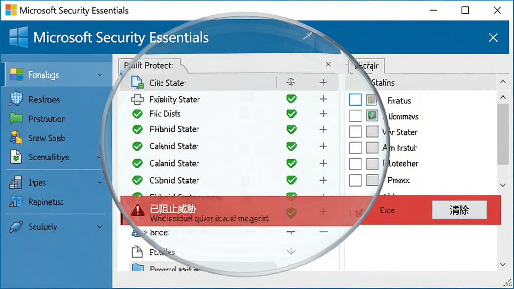 主体:放大显示的Microsoft Security Essentials实时保护界面,列表显示文件扫描状态,绿色勾选标记安全文件。布局:界面窗口居中,左侧功能栏,右侧详细信息。排版:字体清晰,状态图标明显。风格:扁平化设计,Windows风格,简洁直观。细节:一条红色警报条显示“已阻止威胁”,旁边有“清除”按钮。画质:高分辨率,干净,无多余元素。