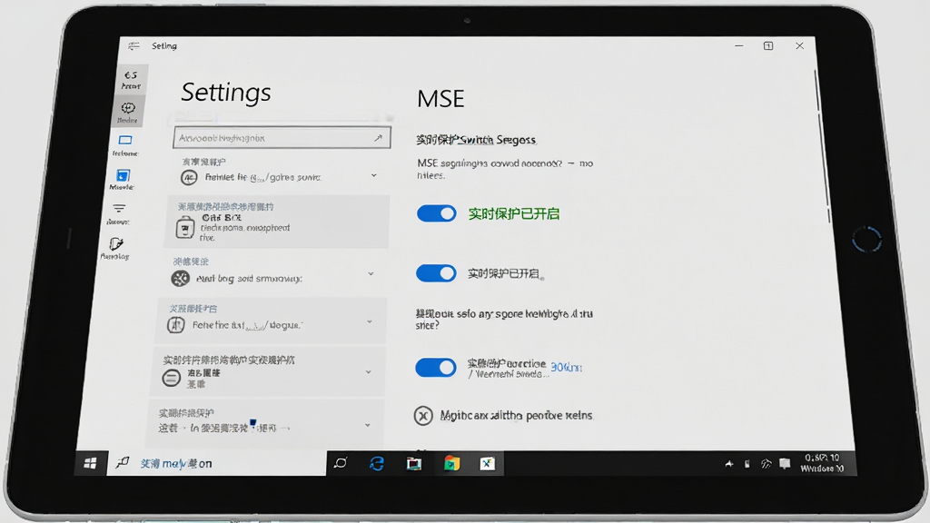主体:一台Windows 10平板电脑,屏幕显示MSE设置界面,实时保护开关处于开启状态。布局:平板居中,背景为浅灰色,界面清晰。排版:设置选项排列有序,开关为蓝色。风格:现代简约,3D渲染。细节:屏幕上有“实时保护已开启”绿色字样。画质:高清,干净,无多余元素。