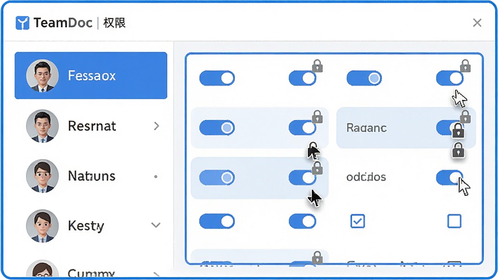画面主体为TeamDoc权限管理界面示意图,展示用户列表和对应的权限勾选面板。布局采用左右分栏,左侧是用户头像和名称,右侧是权限选项矩阵。排版风格简洁商务,白底蓝边,权限选项用开关和复选框表示。细节上,部分权限项带有灰色锁图标,鼠标悬停效果高亮。画质清晰,界面干净整洁,无多余元素。