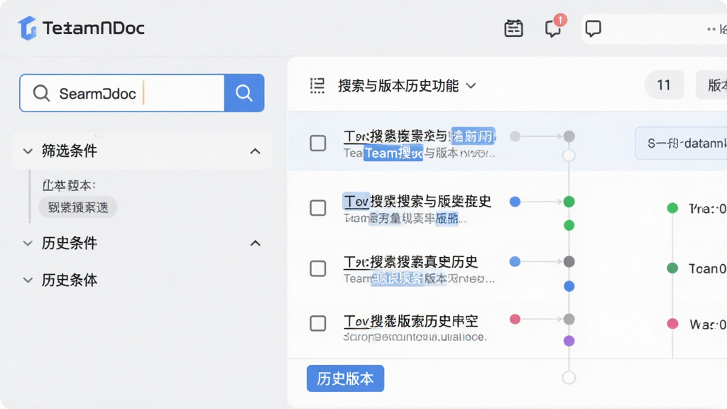 画面主体为TeamDoc搜索与版本历史功能展示,左侧是搜索框和筛选条件栏,右侧是文档列表和版本时间线。布局采用左右结构,整体比例协调。排版风格清爽,使用浅灰背景,蓝色高亮关键词。细节上,搜索框有放大镜图标,版本时间线用不同颜色的节点表示,底部有“历史版本”标签。画质高清,界面简洁,无多余元素。