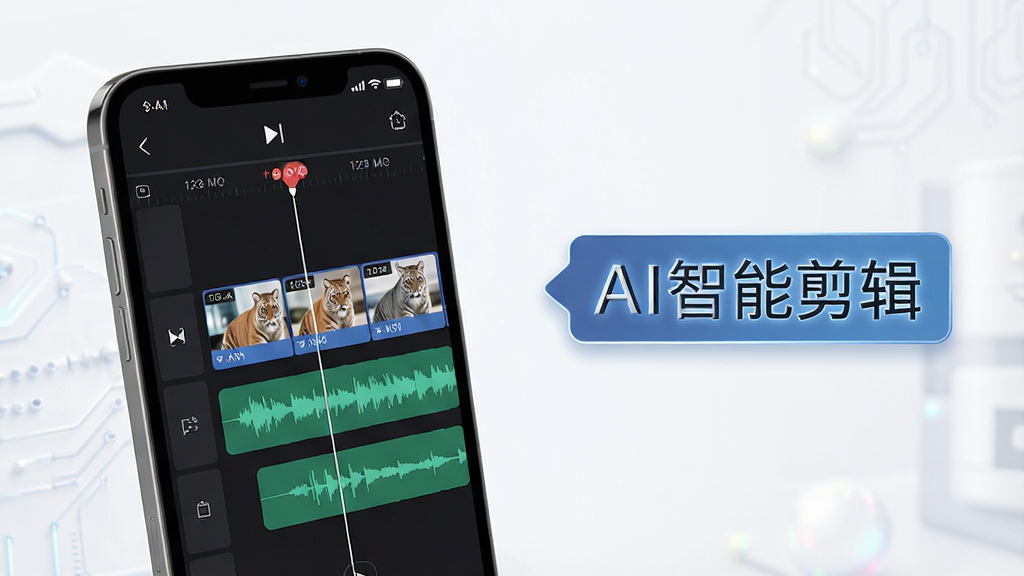 剪辑虎软件功能展示图,主体为手机屏幕内显示剪辑时间线,轨道上有视频片段和音频波形,旁边有“AI智能剪辑”标签,布局左右分明,排版专业,风格科技感,细节丰富,画质清晰,干净无多余元素