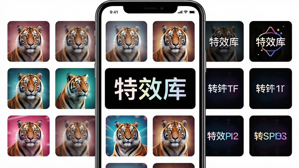 剪辑虎特效库界面预览图,主体为手机界面,展示多款滤镜和转场缩略图,排列整齐,中间有“特效库”字样,风格时尚,色彩鲜艳,细节丰富,画质高清,干净无多余元素