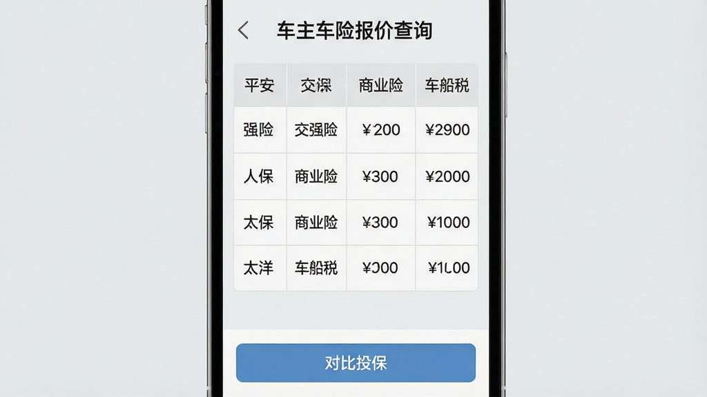 一幅手机截屏风格图片,上方显示“车主车险报价查询”的报价结果页面,表格中列出平安、人保、太平洋等保险公司名称,每行有交强险、商业险、车船税金额,底部有“对比投保”按钮,背景为浅灰色,画面干净,文字清晰,UI风格扁平化,画质细腻