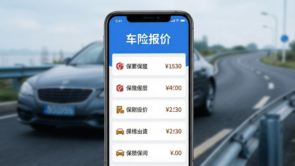 画面中心是一部智能手机,屏幕显示“车主车险报价查询”APP主界面,界面以蓝色为主色调,顶部有“车险报价”字样,下方列出多家保险公司名称和价格对比列表,背景是模糊的汽车轮廓和道路,整体风格简洁现代,UI设计干净,画质高清,无多余元素