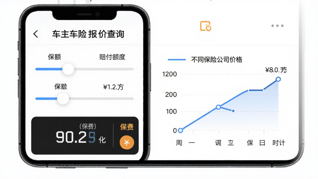 手机屏幕展示“车主车险报价查询”的计算器功能,有滑块调节保额和赔付额度,下方动态显示保费数字变化,旁边有折线图对比不同保险公司价格,背景为白色,界面现代,数据可视化清晰,画质干净