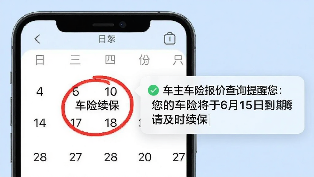 手机日历界面,日期上标记红色圆圈提醒“车险续保”,旁边弹出通知栏显示“车主车险报价查询提醒您:您的车险将于6月15日到期,请及时续保”,背景为浅蓝色,画面简洁,文字清晰,无多余元素,画质干净
