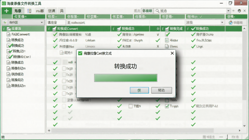 画面主体为电脑屏幕上显示海康录像文件格式转换工具FormatConvert的转换完成界面,一个弹出窗口提示“转换成功”,背景是软件主界面,列表中的文件全部带有绿色对勾。布局居中,风格简洁,以白色和绿色为主色调。细节上,提示窗口有阴影效果,画质清晰,无多余元素。