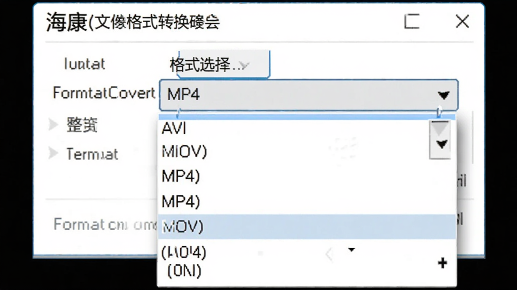 画面主体为海康录像文件格式转换工具FormatConvert的格式选择菜单,展开的下拉列表中显示MP4、AVI、MOV等多种格式选项。布局为弹出菜单样式,风格简洁,白色背景,黑色文字,高亮显示当前选中格式。细节上,菜单边缘有阴影效果,画质清晰,无多余元素。