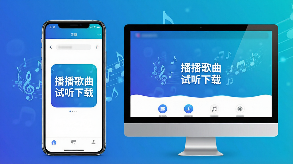 主体:一部智能手机和一台电脑并排摆放,屏幕上显示播播歌曲试听下载的界面;布局:左右构图,手机在左,电脑在右;排版:两者大小适中,背景为渐变色;风格:科技感,蓝色调;细节:手机和电脑屏幕中均显示“播播歌曲试听下载”字样,周围有音乐符号飘动;画质:高清,干净无多余元素