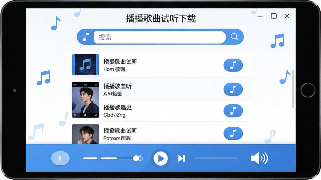 主体:播播歌曲试听下载软件主界面,展示搜索框、歌曲列表和播放控制栏;布局:居中构图,界面元素清晰排列,上方为搜索栏,中间为歌曲列表,下方为播放器;排版:简洁明快,列表行距适中,按钮圆润;风格:现代扁平化,蓝白主色调,搭配音符图标点缀;细节:屏幕中显示“播播歌曲试听下载”字样,列表中有歌曲名和歌手名,播放器带有进度条和音量图标;画质:高清渲染,干净无多余元素