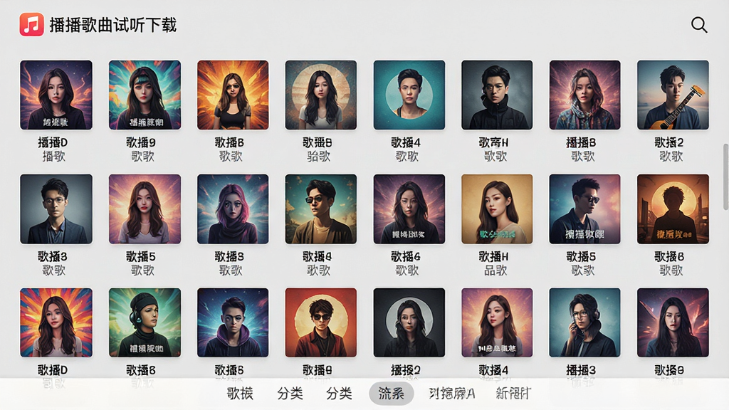 主体:播播歌曲试听下载的歌曲列表界面,展示多张专辑封面缩略图;布局:网格状排列,每张封面下方标注歌名和歌手;排版:整齐有序,封面大小统一,文字清晰;风格:色彩丰富,封面风格多样,背景为浅灰色;细节:屏幕左上角有“播播歌曲试听下载”Logo,右上角有搜索图标,底部有分类标签;画质:高清,干净无多余元素