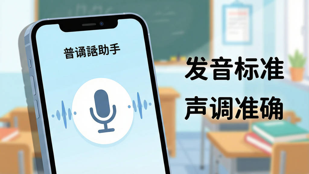 主体:一个智能手机屏幕特写,屏幕中展示普通话助手APP的评测主界面,界面中央有一个大大的麦克风图标,周围环绕着波形动画;布局:手机位于画面中心偏左,右侧留白处悬浮着“发音标准”“声调准确”等字样;排版:手机屏幕内容清晰可辨,文字采用圆润的黑色字体;风格:扁平化插画风格,色彩明亮清新,以浅蓝色和白色为主色调;细节:手机边缘有细微阴影,背景有模糊的教室和书本元素;画质:4K高清,干净,无多余元素