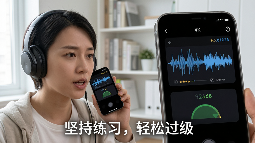 主体:一个人戴着耳机对着手机说普通话,手机屏幕显示波形和评分;布局:人物在画面左侧,右侧是放大的手机屏幕;排版:画面下方有“坚持练习,轻松过级”的标语;风格:写实摄影风格,自然光;细节:人物表情专注,背景是整洁的书房;画质:4K,干净,无多余元素