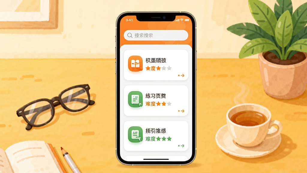主体:手机竖屏界面显示普通话助手练习题库列表,顶部有搜索栏,下方是卡片式题目列表;布局:手机居中,背景是暖黄色的学习桌面;排版:界面元素排列整齐,每个卡片上有题目类型图标和难度星级;风格:插画风格,色彩活泼,以橙色和绿色点缀;细节:桌面有眼镜和茶杯,旁边有绿植;画质:高清,干净,无多余元素