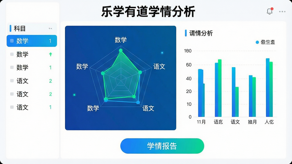 主体:智能学情分析界面,展示雷达图、柱状图等数据可视化图表。布局:图表占据画面中央,左侧有科目列表,底部有“学情报告”按钮。排版:整洁有序,图表颜色鲜艳但不过度刺眼。风格:科技感,蓝色和绿色为主色调。细节:图表标注“数学”、“语文”等科目,数据点清晰,背景为白色。画质:高清,无多余元素,文字标注“乐学有道学情分析”。