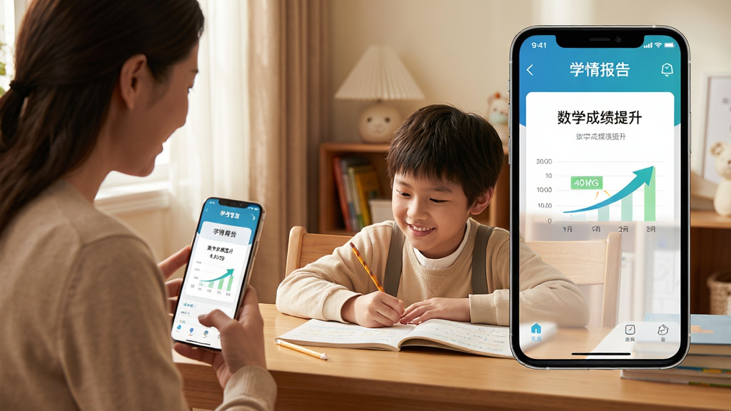 主体:家长手持手机查看乐学有道APP中的学情报告,孩子在一旁认真做作业。布局:家长在左侧,孩子坐书桌前,手机屏幕放大显示在画面右上角。排版:温馨家庭场景,暖色调。风格:写实摄影风格,自然光线。细节:手机屏幕显示“学情报告”和“数学成绩提升”字样,孩子脸上有笑容。画质:高清,干净,无多余元素。