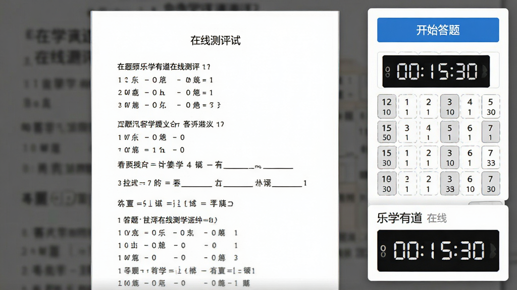 主体:在线测评界面,显示一份数学试卷,右侧有答题卡和倒计时。布局:试卷居中,答题卡在右下角,顶部有“开始答题”按钮。排版:模拟真实考试场景,字体清晰。风格:简洁实用,白色背景,蓝色按钮。细节:试卷上有选择题和填空题,答题卡上有题号,倒计时显示“00:15:30”。画质:高清,干净,标注“乐学有道在线测评”。