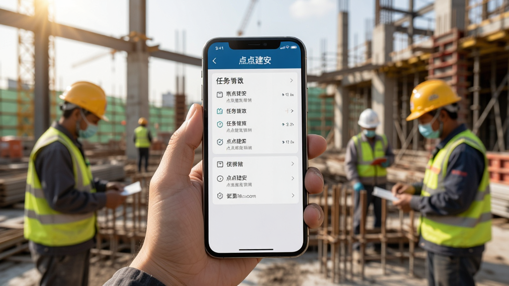展示“点点建安”使用场景,一部手机被握在手中,屏幕显示任务详情页,背景是工地现场,工人佩戴安全帽正在作业,画面有自然光,写实风格,细节丰富,画质高清。