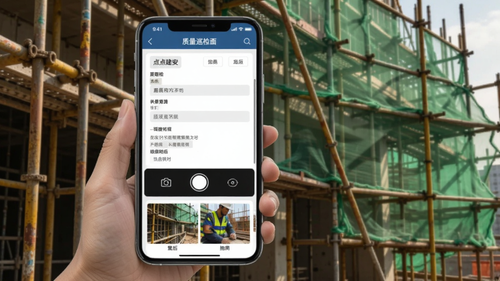 展示“点点建安”质量巡检界面,手机屏幕上有表单与拍照按钮,一张整改前后对比缩略图展示在下方,界面风格简洁,背景为施工现场脚手架与安全网,光影自然,写实风格,画质清晰。