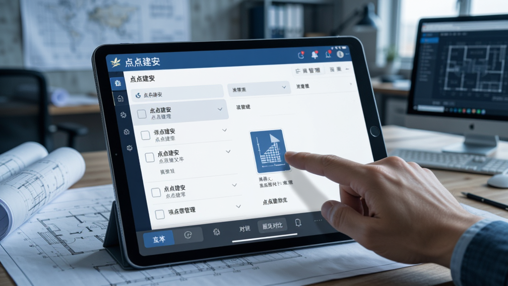 展示“点点建安”文档管理界面,平板电脑上显示图纸列表,其中一个文件被手指点开,屏幕底部有版本对比条。背景为工地办公室,桌面有图纸与电脑,整体色调偏冷,写实风格,画质细腻。