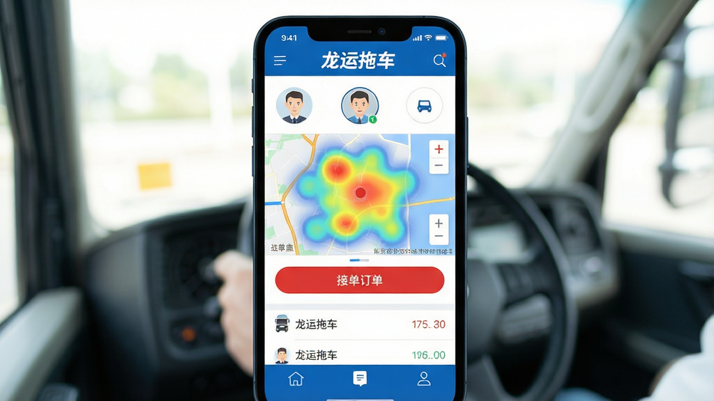 一张智能手机屏幕特写,屏幕内展示龙运拖车司机端APP的主界面,界面上方显示“龙运拖车”品牌标识与司机头像,中部以地图形式呈现周边订单热力图与红色接单按钮,底部为订单列表与导航栏,整体UI采用蓝白配色,扁平化设计风格,界面清晰简洁,手机背景为虚化的驾驶室场景,光线明亮,画质干净,无多余元素